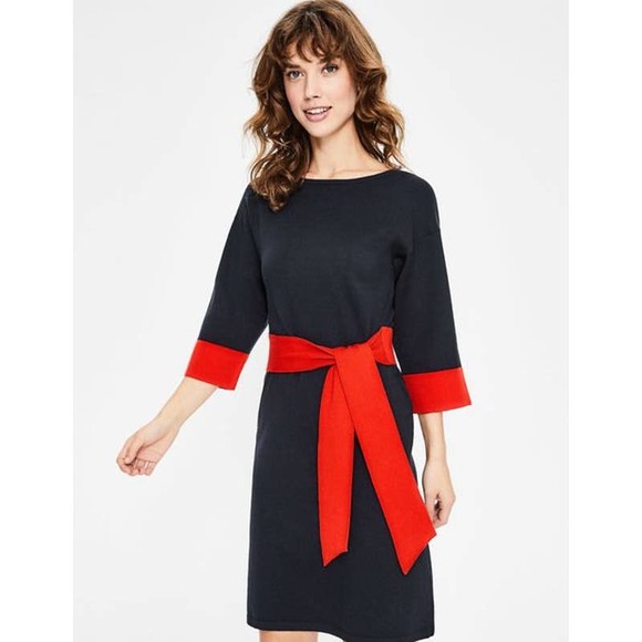Boden Sweater Dress 10 Navy Blue Esmeralda Waist Tie Retro A-Line Mini - Picture 11 of 11